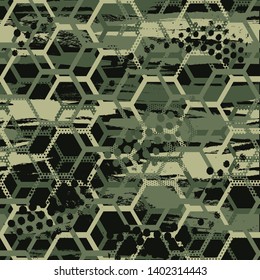 Abstract military pattern with grunge elements, paint splashes, dots. Seamless green background For sportswear, textiles. Grunge background for boys
