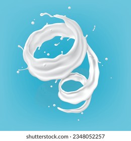 Espiral de leche abstracta y torcida sobre fondo azul, ilustración vectorial y diseño.