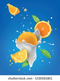 Abstract milk spiral and twisted with Orange fruit on blue background, Vector illustration and design.