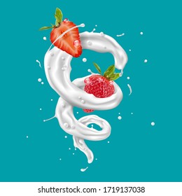 Abstract milk spiral and twisted with strawberries, Vector illustration and design.