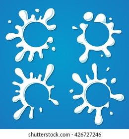 Abstract milk splash and drop with shadow on blue background. Milk blot with round place for your text and logo. Vector illustration