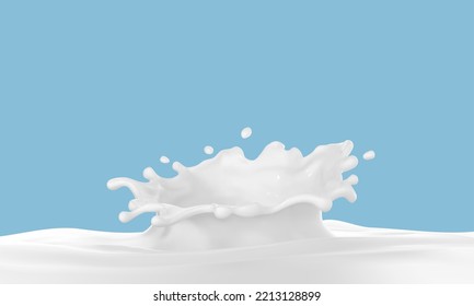 Abstract milk splash with drops isolated on blue background. Vector realistic illustration