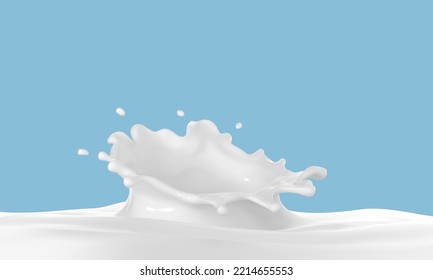 Abstract milk splash with drops isolated on blue background. Vector realistic illustration