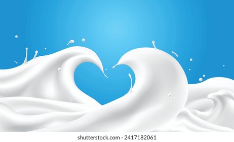 Abstract milk waves with heart shape on blue background, vector illustration and design.