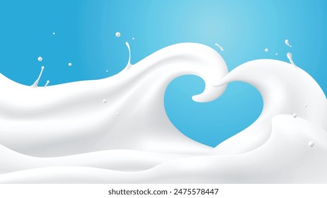 Abstractas ondas de leche con forma de corazón sobre fondo azul, Ilustración vectorial y diseño.