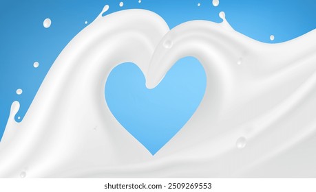 Ondas De Leche Abstractas Con Salpicaduras En Forma De Corazón Sobre Fondo Azul. Vector EPS10