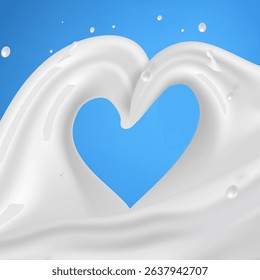 Abstract Milk Waves With Heart Shape Splash On Blue Background. EPS10 Vector