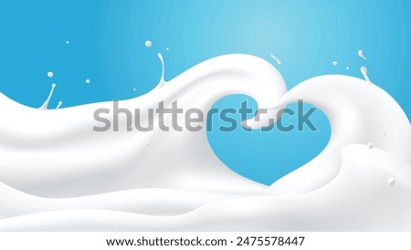 Abstract milk waves with heart shape on blue background, vector illustration and design.