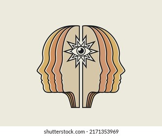 Abstract mind or intelligence or thinking or intuition or idea conceptual illustration with silhouette of a head with an eye in the middle isolated on light background. Vector illustration