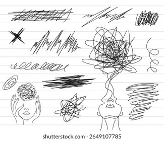 Resumo do Esboço da Mente: Uma coleção de esboços de arte expressiva que retratam pensamentos emaranhados, confusão e as complexidades da mente humana. O estilo minimalista evoca um senso de introspecção.