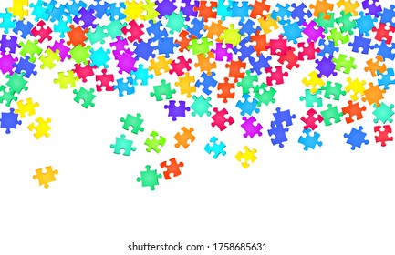 Abstract mind-breaker jigsaw puzzle rainbow colors pieces vector background. Top view of puzzle pieces isolated on white. Cooperation abstract concept. Game and play symbols.