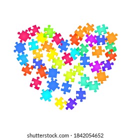 Abstract mind-breaker jigsaw puzzle rainbow colors pieces vector background. Scatter of puzzle pieces isolated on white. Challenge abstract concept. Jigsaw match elements.