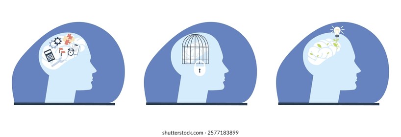 Abstract mindful concept. Human brain overthinking, thinks about many things at once, in cage and generate new ideas. Multitasking mind, vector concept