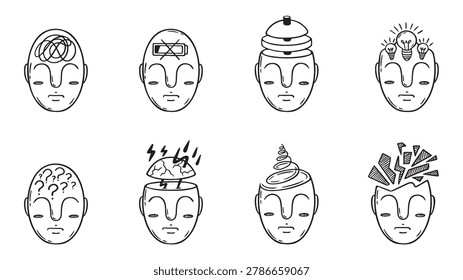 Abstract minds styles. Logical, creative, imaginative mind style. Different mindful and states of psycho. Tired, reflection, confusion, neoteric vector set