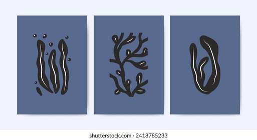 Abstract minimal algae poster set. Trendy blue nova color. Modern geometric seaweed shapes. Matisse inspired art background. Vector design for print.