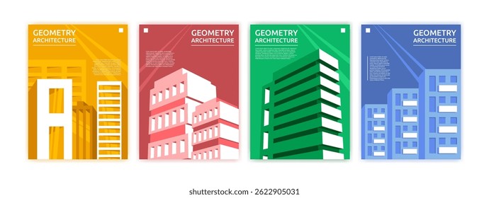 Arquitetura mínima abstrata. Geometria do edifício. Design empresarial para a cidade. Plano de fundo do banner. Espaço de construção em modelo geométrico. Paisagem urbana. Folheto ou folheto. Conjunto de cartazes de alho vetorialName