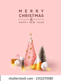 Abstract minimal background with 3D Christmas trees. New Year cone shape trees. Xmas decorative ornaments, realistic render objects. Design Greeting card, Christmas background, poster, banner.