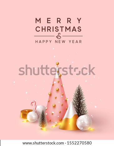 Abstract minimal background with 3D Christmas trees. New Year cone shape trees. Xmas decorative ornaments, realistic render objects. Design Greeting card, Christmas background, poster, banner.