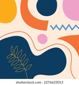 Abstract minimal background with beautiful pattern and pastel color. A colorful poster with a plant in the middle and a pink background with a blue and yellow design.