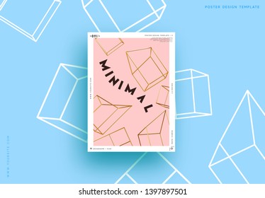 Abstract minimal background. Geometric gold 3d shapes. Modern poster Design Art composition realistic metal golden objects. pink and blue color. vector illustration 