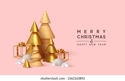 Abstract minimal background with golden 3D Christmas trees. Cube hollow gifts box, white snow drifts. New Year cone shape trees. Xmas background, realistic objects design.