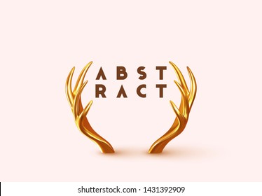 abstract minimal background. Golden realistic 3d horns of deer, elk. vector illustration.