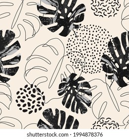 Abstract minimal background. Modern vector seamless pattern: one line art, marble silhouettes of monstera leaves, geometric shapes. Hand drawn illustration for summer design, boho, hipster fabric