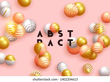 Abstract minimal background. Objects 3d shape gold and silver ball, volumetric round spheres white and pink. Vector realistic geometric elements