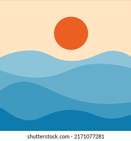 abstract minimal background summer. blue sea and orange sun flat illustration vector. waves editable strokes. wallpaper landscape print wall art