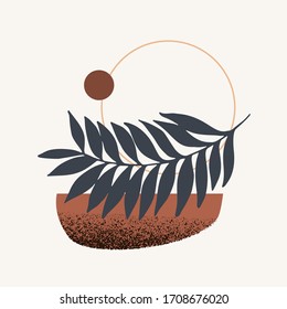 Abstract minimal background: tropical leaf silhouette, geometric shapes, grunge texture, copy space for text. Vector illustration for social media, greeting cards, invitations in geo minimal design