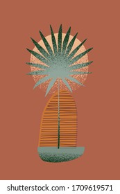 Abstract minimal background: tropical leaf silhouette, geometric shapes, grunge texture. Vector illustration for social media, greeting cards, invitations in geo minimal design, flat layout