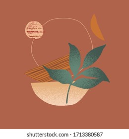 Abstract minimal background: tropical leaf silhouette, geometric shapes, grunge texture, copy space for text. Vector illustration for social media, greeting cards, invitations in geo minimal design