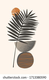 Abstract minimal background: tropical leaf silhouette, geometric shapes, grunge texture. Vector illustration for social media, greeting cards, invitations in geo minimal design, flat layout