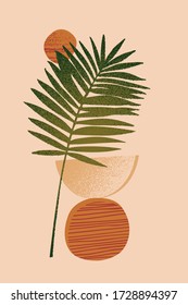 Abstract Minimal Background: Tropical Leaf Silhouette, Geometric Shapes, Grunge Texture. Vector Illustration For Social Media, Greeting Cards, Invitations In Geo Minimal Design, Flat Layout