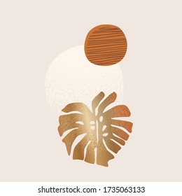 Abstract minimal background: tropical leaf silhouette, geometric shapes, grunge texture, copy space for text. Vector illustration for social media, greeting cards, invitations in geo minimal design