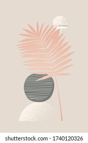 Abstract minimal background: tropical leaf silhouette, geometric shapes, grunge texture. Vector illustration for social media, greeting cards, invitations in geo minimal design, flat layout