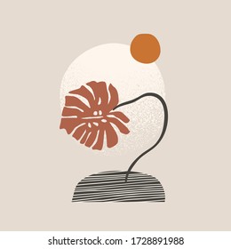 Abstract minimal background: tropical monstera leaf silhouette, geometric shapes, grunge texture. Vector summer sunset illustration for social media, greeting cards, invitations in geo minimal design