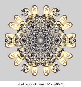Abstract minimal background. Vector snowflakes on gray background with golden and doodles elements.