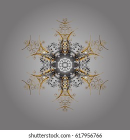 Abstract minimal background. Vector snowflakes on gray background with golden and doodles elements.