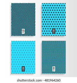 Abstract minimal black and blue flyer or book cover design set with zig-zag, waves and dots pattern background and your text 
Eps 10 stock vector illustration 