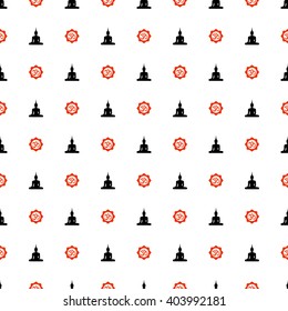 Abstract minimal black and red seamless pattern on white isolated background. Vector illustration with sitting Buddha Om sign and Lotus mandala. Simple modern oriental art design pattern