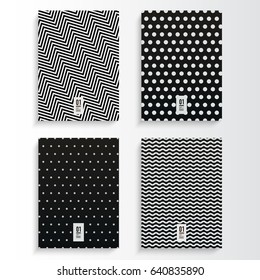 Abstract minimal black and white flyer or book cover design set with zig-zag and dots pattern background and your text 
Eps 10 stock vector illustration 