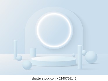 Abstract minimal blue pastel display stand showcase template. Overlapping with geometric design, neon light decoration background. Illustration vector