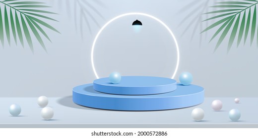 Resumen fondo de escena de pared azul pastel mínimo con podio de cilindro y hojas. Resumen de la escena de fondo 3d Representación para publicidad de productos.