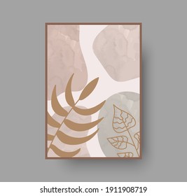 Abstract minimal boho poster design. Botanical wall art vector background with foliage drawing. Pastel watercolor background with abstract shapes for luxury bohemian insterior. Wall art exotic element
