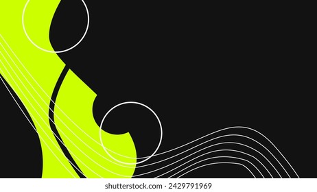 Abstract Minimal Bold Acid Green Deconstructed Curve shapes with White Lines, Black Background, Flat Illustration