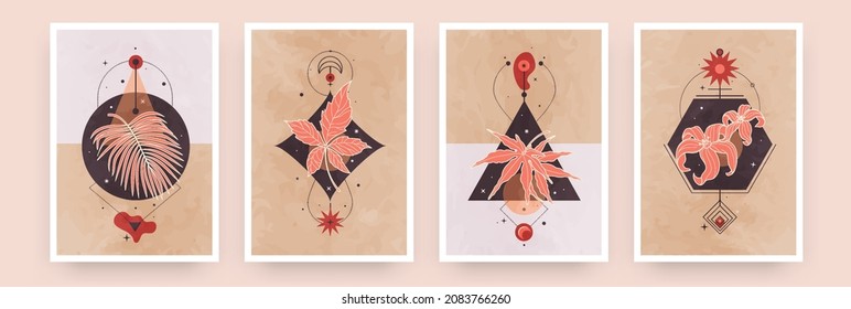 Resumen de afiches botánicos mínimos. Banderas geométricas con elementos de astrología mística, líneas delgadas y símbolos tropicales botánicos. Conjunto de vectores