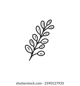 Abstract minimal branch with leaves as a symbol of autumn in in black isolated on white background. Hand drawn vector sketch illustration in doodle engraved vintage line art style. Coloring book