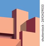 Abstract minimal building with blue sky background. Geometric Modern Architecture Illustration. Minimal Colorful Building on a Sunny Day. Abstract Shapes and Flat colorful building Design. Modern art.