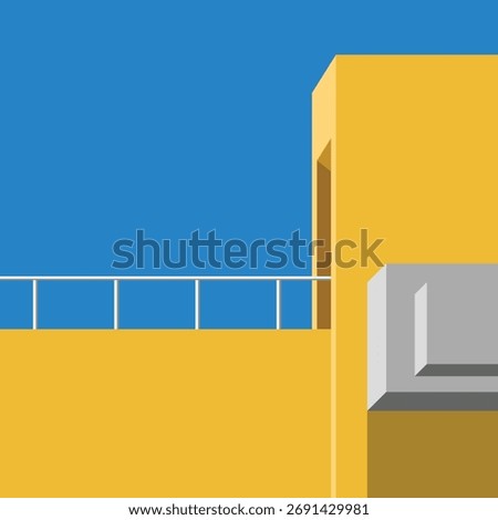 Abstract minimal building with blue sky background. Geometric Modern Architecture Illustration. Minimal Colorful Building on a Sunny Day. Abstract Shapes and Flat colorful building Design. Modern art.